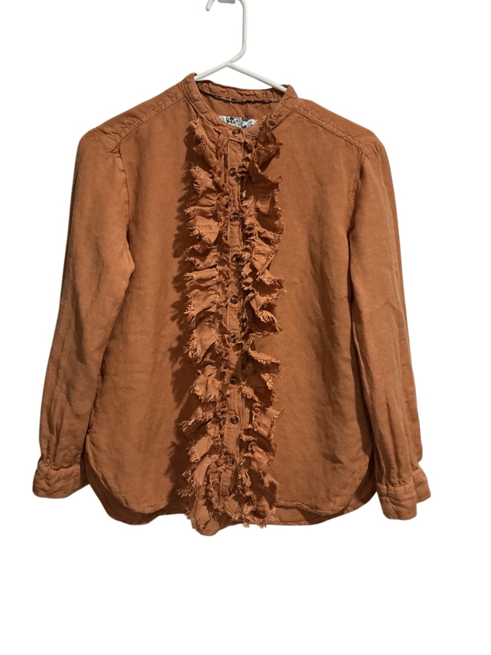 Pilcro Anthropologie Ruffle Placket‎ Linen Blend Shirt Burnt Orange